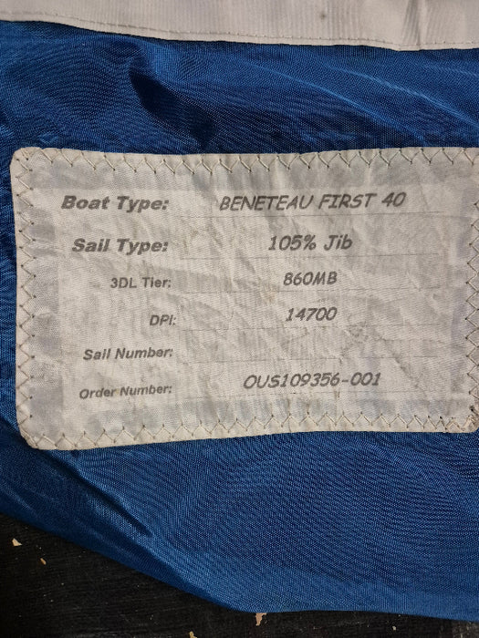 close up of north sails label on blue turtle bag for the used jib