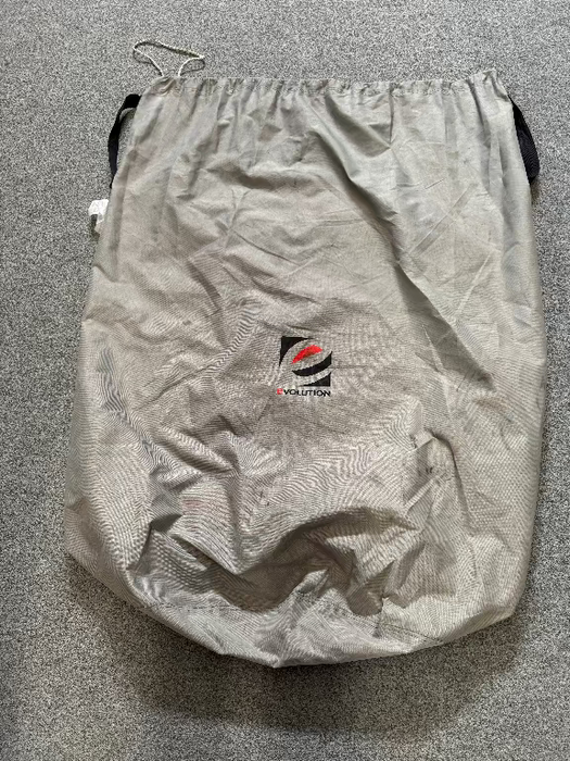 Gray drawstring sail bag with evolutuon sails logo 